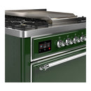 ILVE Majestic III 36-inch Dual Fuel Range with 5 Liquid Propane Burner, Griddle and Solid Door Electric Oven in Emerald Green with Chrome Trim (UM36FQNR3EGCLP)