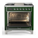 ILVE Majestic III 36-inch Dual Fuel Range with 6 Natural Gas Burner, Griddle and Solid Door Electric Oven in Emerald Green with Chrome Trim (UM36FQNR3EGC)