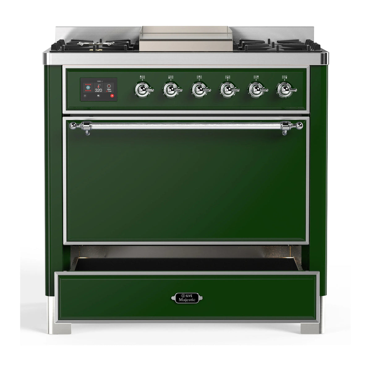 Emerald green dual fuel range front view with chrome control panel and oven door