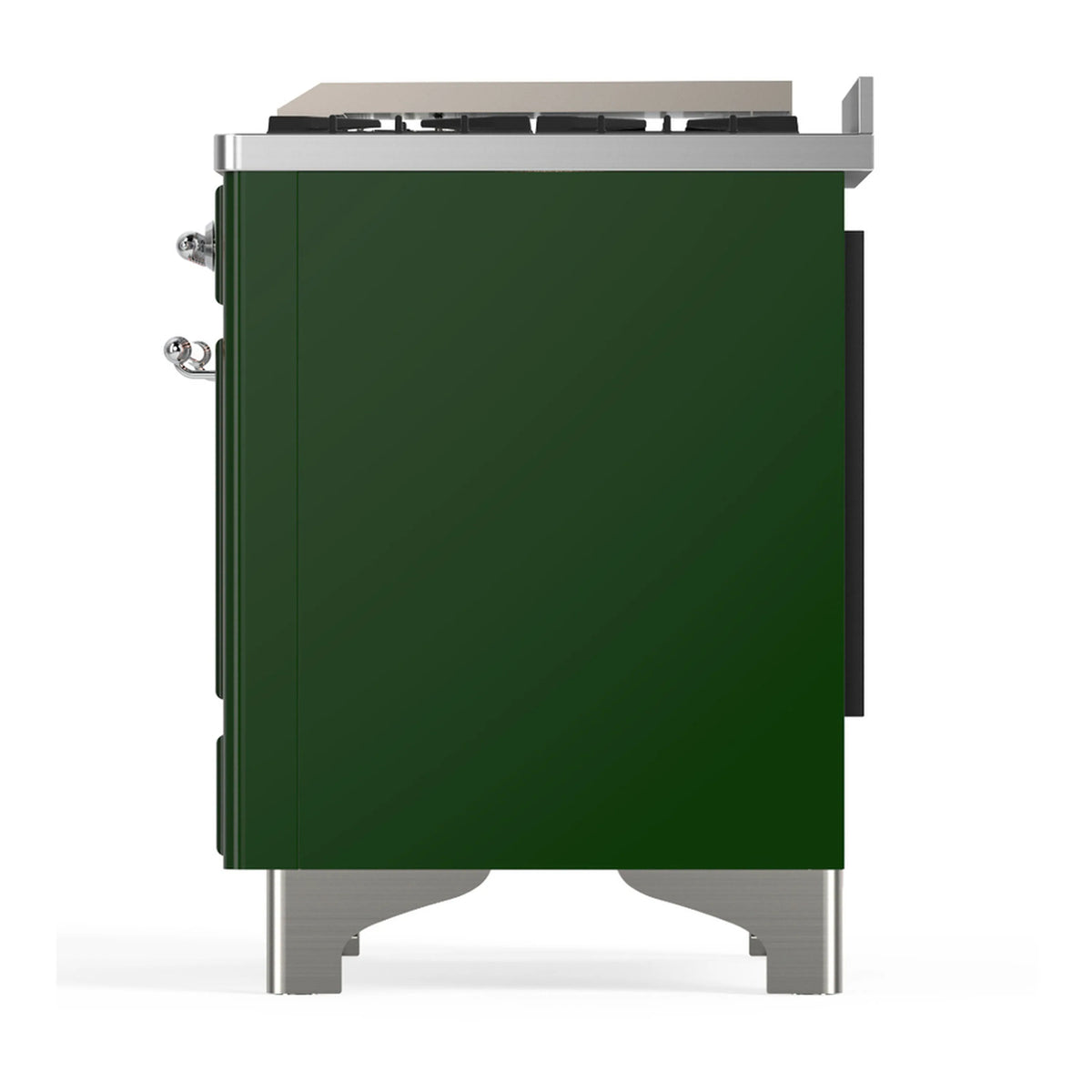 Emerald green dual fuel range rear view with chrome side handles and metal feet.