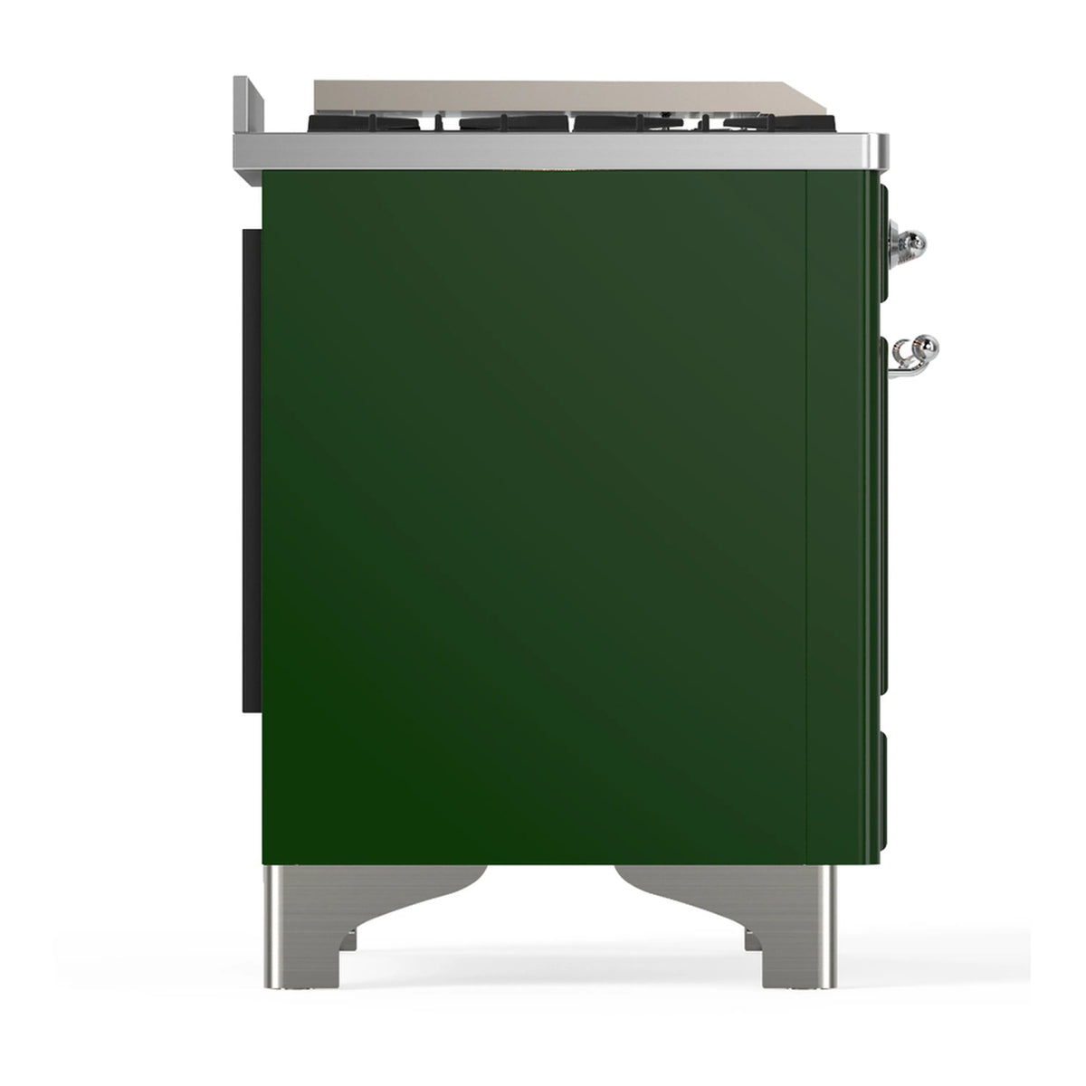 Emerald green dual fuel range side view with chrome frame and rear service fittings.