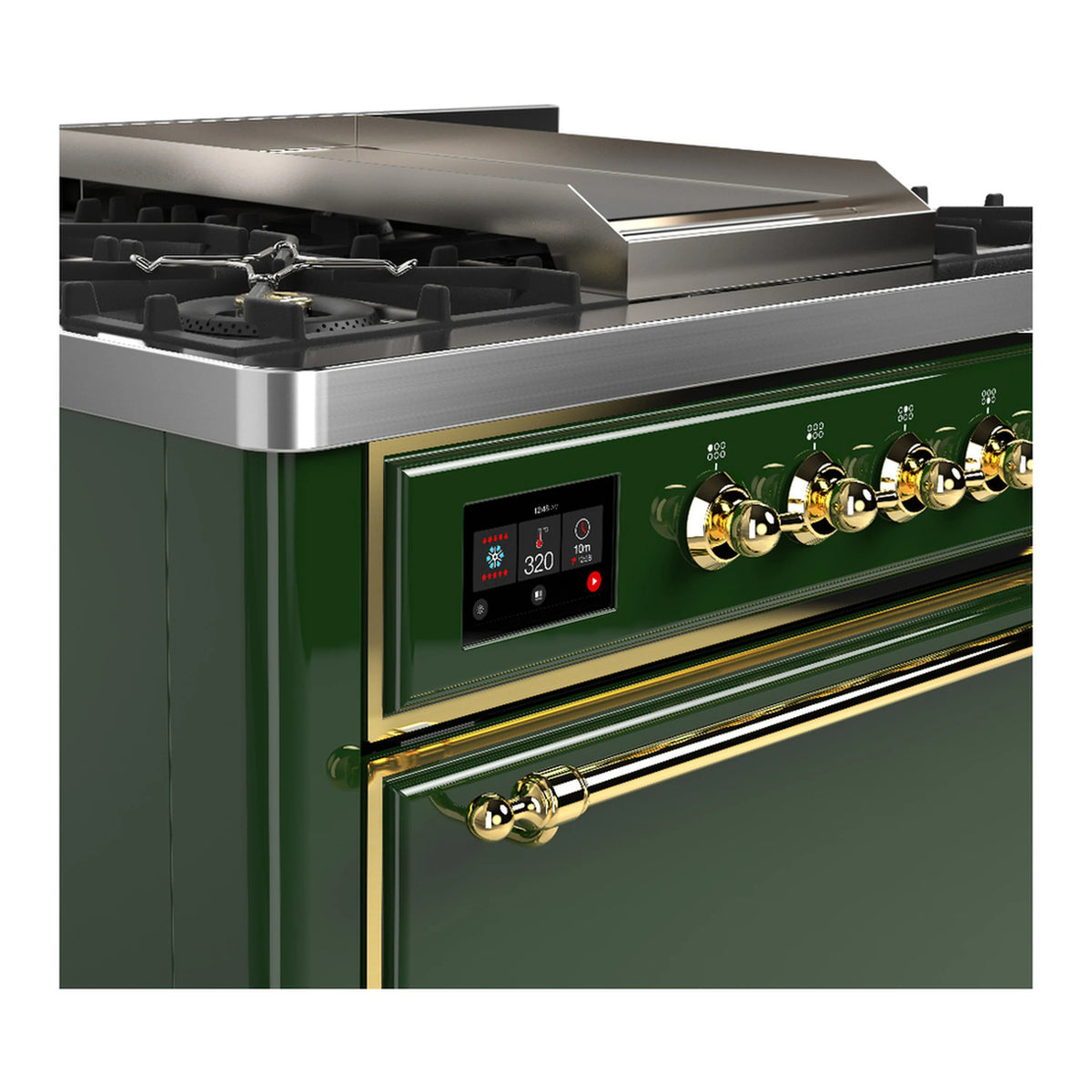 Dual fuel range front panel with illuminated temperature display and brass burner control knobs