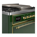 ILVE Majestic III 36-inch Dual Fuel Range with 5 Liquid Propane Burner, Griddle and Solid Door Electric Oven in Emerald Green with Brass Trim (UM36FQNR3EGGLP)