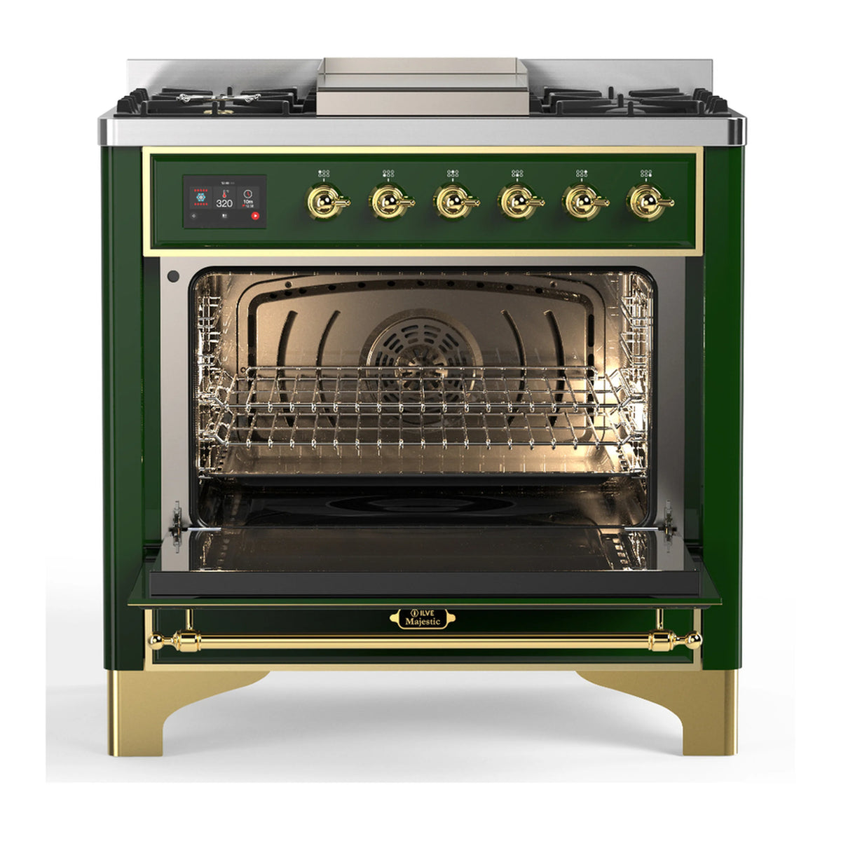 Emerald green dual fuel range with open electric oven door and visible wire rack interior