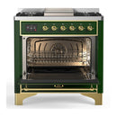ILVE Majestic III 36-inch Dual Fuel Range with 5 Liquid Propane Burner, Griddle and Solid Door Electric Oven in Emerald Green with Brass Trim (UM36FQNR3EGGLP)