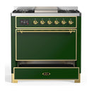 ILVE Majestic III 36-inch Dual Fuel Range with 6 Natural Gas Burner, Griddle and Solid Door Electric Oven in Emerald Green with Brass Trim (UM36FQNR3EGG)