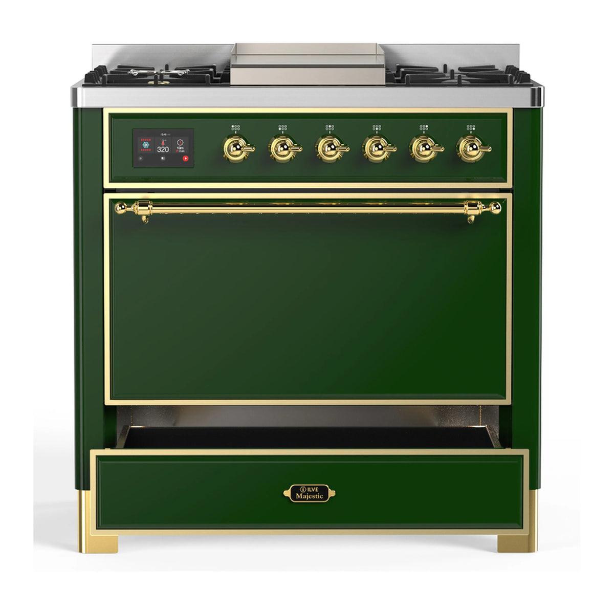 Emerald green dual fuel range with brass trim, closed oven door and controls