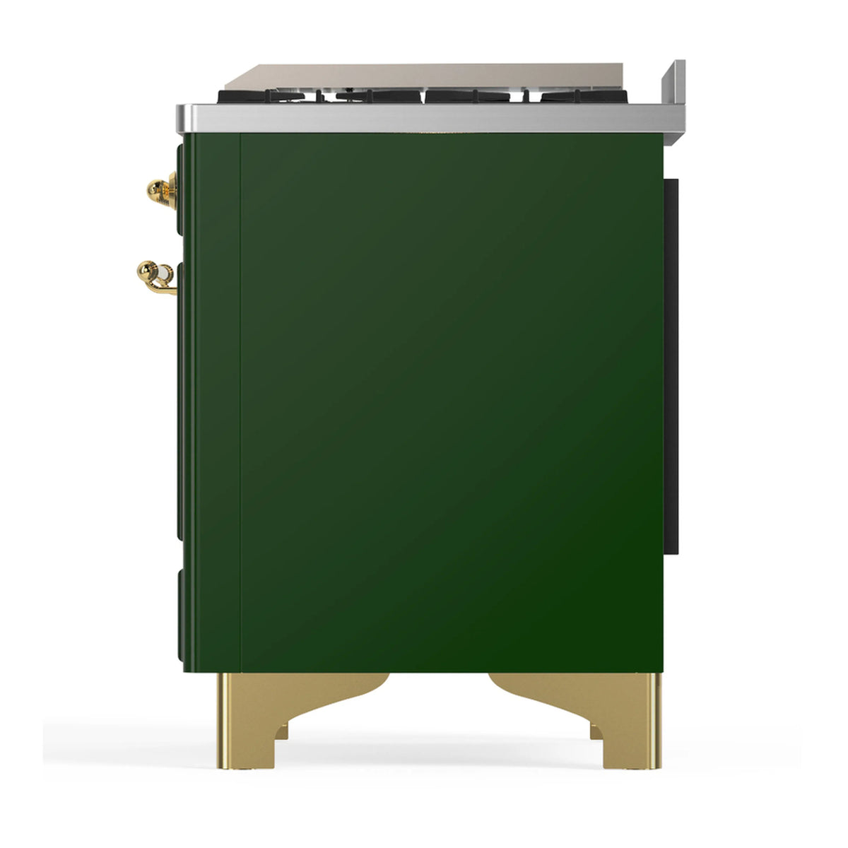 Emerald green dual fuel range side view with brass knobs, feet, and top burners