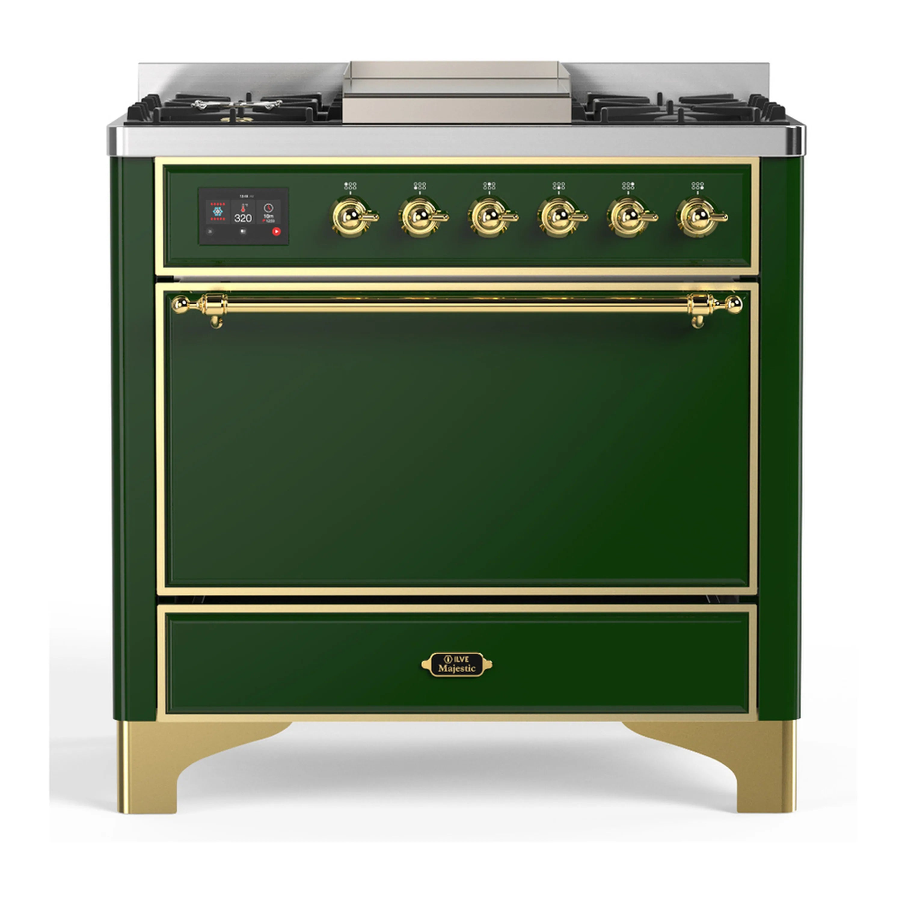 Emerald green dual fuel range with brass trim and five propane burners
