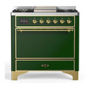 ILVE Majestic III 36-inch Dual Fuel Range with 5 Liquid Propane Burner, Griddle and Solid Door Electric Oven in Emerald Green with Brass Trim (UM36FQNR3EGGLP)