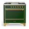 ILVE Majestic III 36-inch Dual Fuel Range with 6 Natural Gas Burner, Griddle and Solid Door Electric Oven in Emerald Green with Brass Trim (UM36FQNR3EGG)