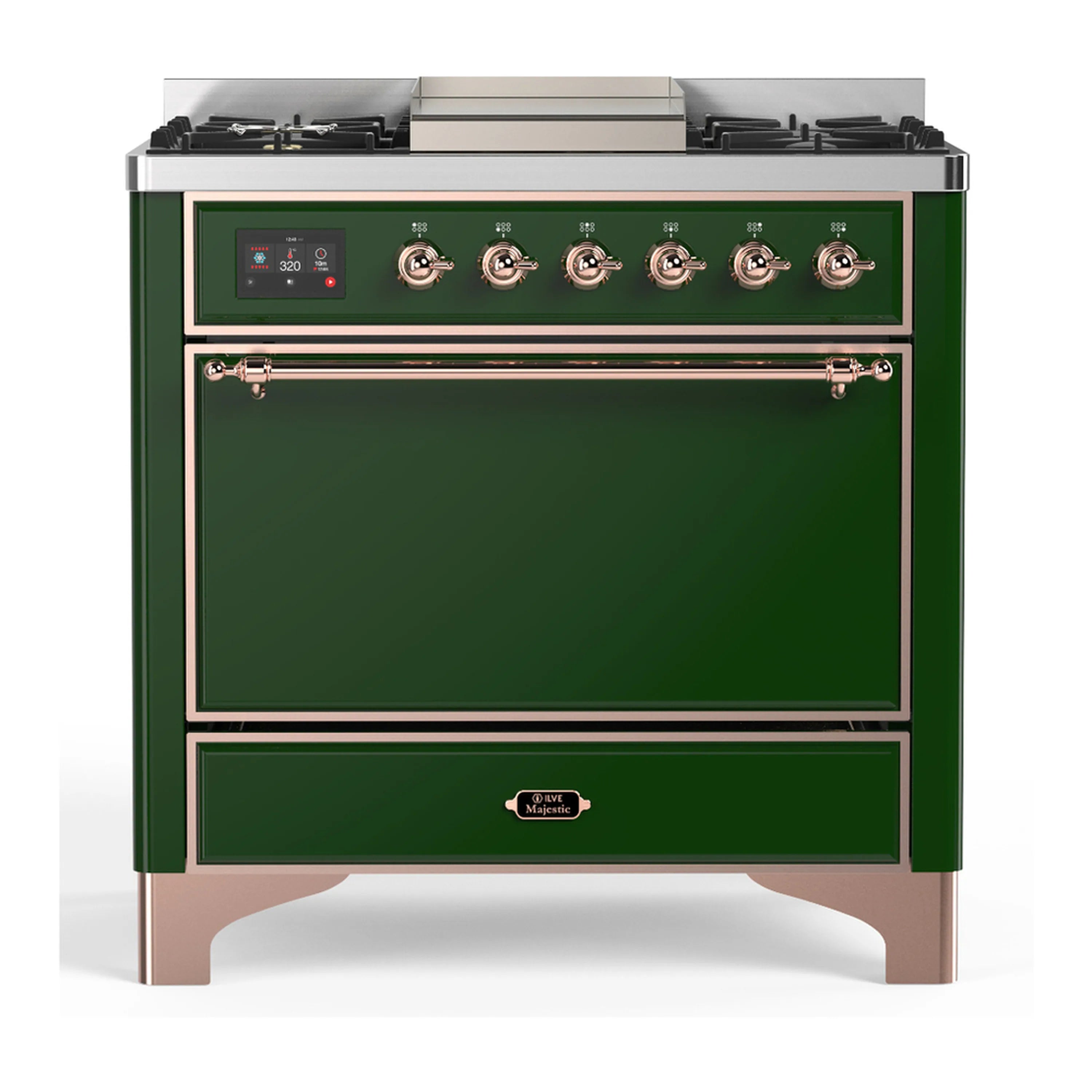 Emerald green dual fuel range with 5 propane burners, griddle, and copper-trim control panel