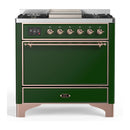ILVE Majestic III 36-inch Dual Fuel Range with 5 Liquid Propane Burner, Griddle and Solid Door Electric Oven in Emerald Green with Copper Trim (UM36FQNR3EGPLP)
