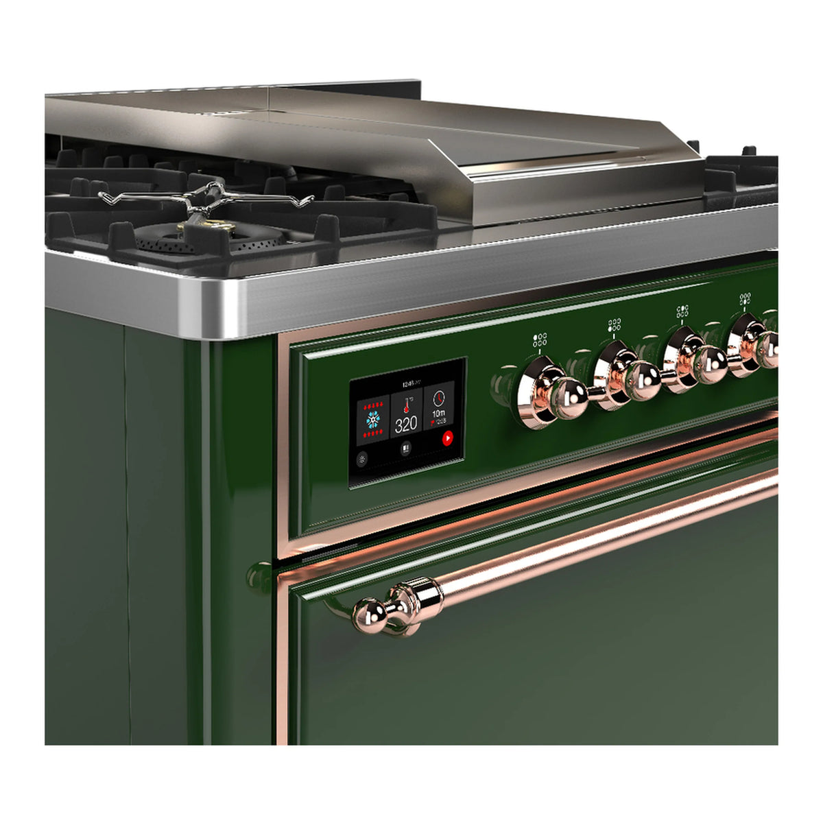 Emerald green range front with copper knobs and digital temperature display