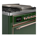 ILVE Majestic III 36-inch Dual Fuel Range with 5 Liquid Propane Burner, Griddle and Solid Door Electric Oven in Emerald Green with Copper Trim (UM36FQNR3EGPLP)