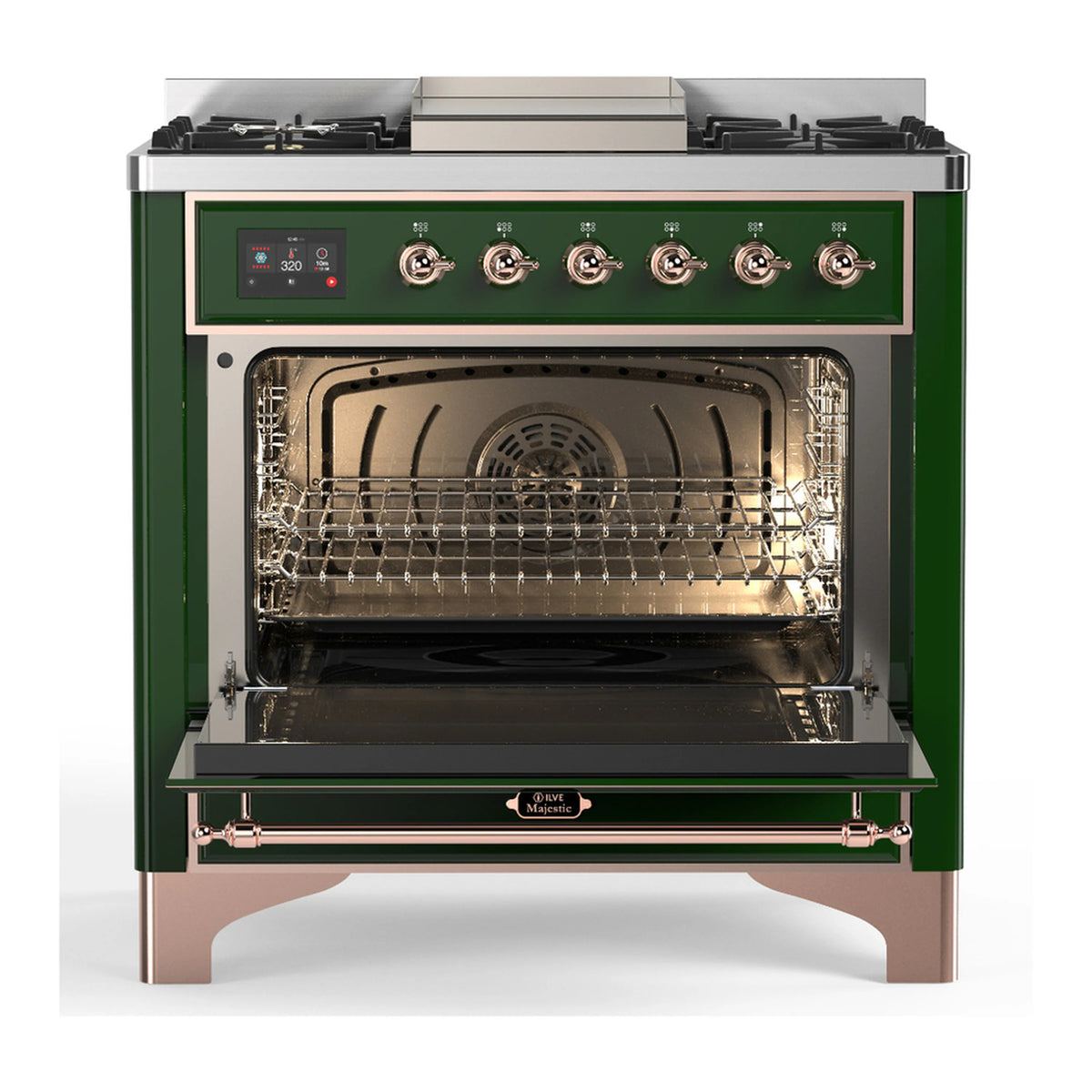 Emerald green dual fuel range with open oven door showing wire racks and interior