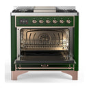 ILVE Majestic III 36-inch Dual Fuel Range with 5 Liquid Propane Burner, Griddle and Solid Door Electric Oven in Emerald Green with Copper Trim (UM36FQNR3EGPLP)