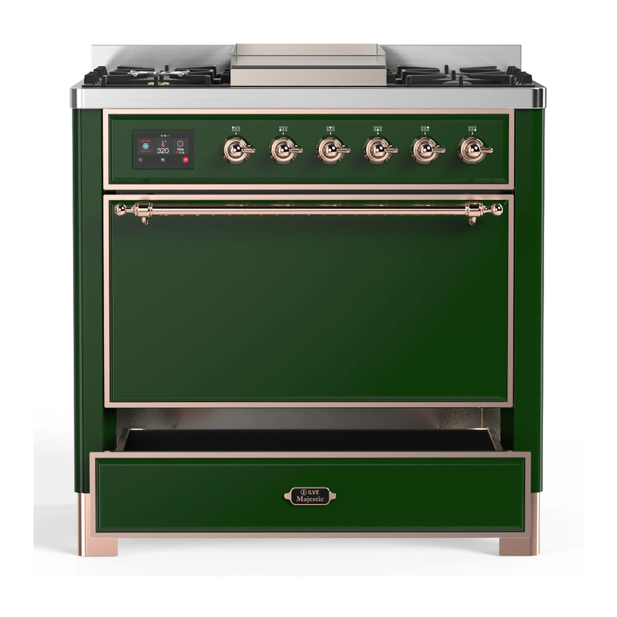 Emerald green dual fuel range front with oven door, copper trim, and control panel