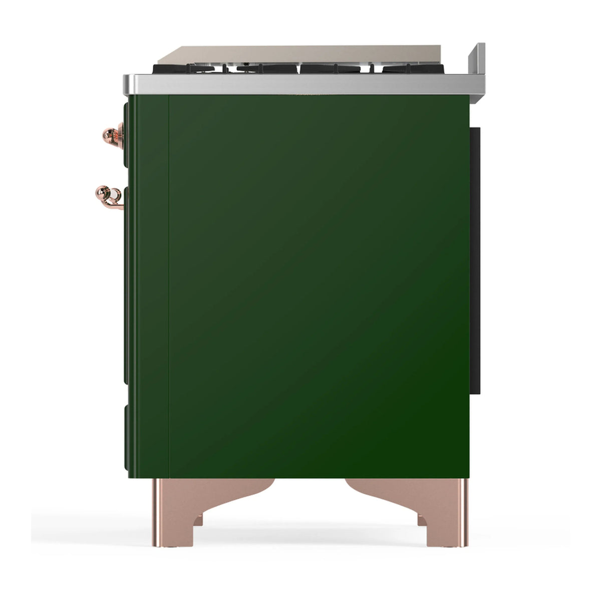 Emerald green side panel of dual fuel range with copper feet and exposed fittings
