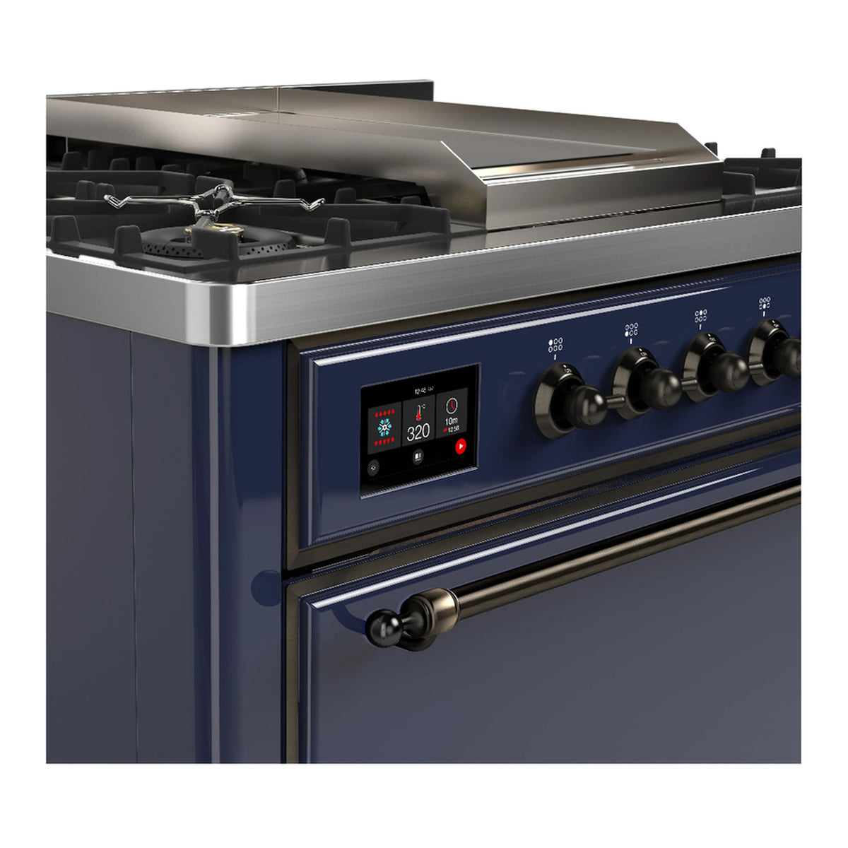 Midnight blue dual fuel range side view with control panel and four burner knobs