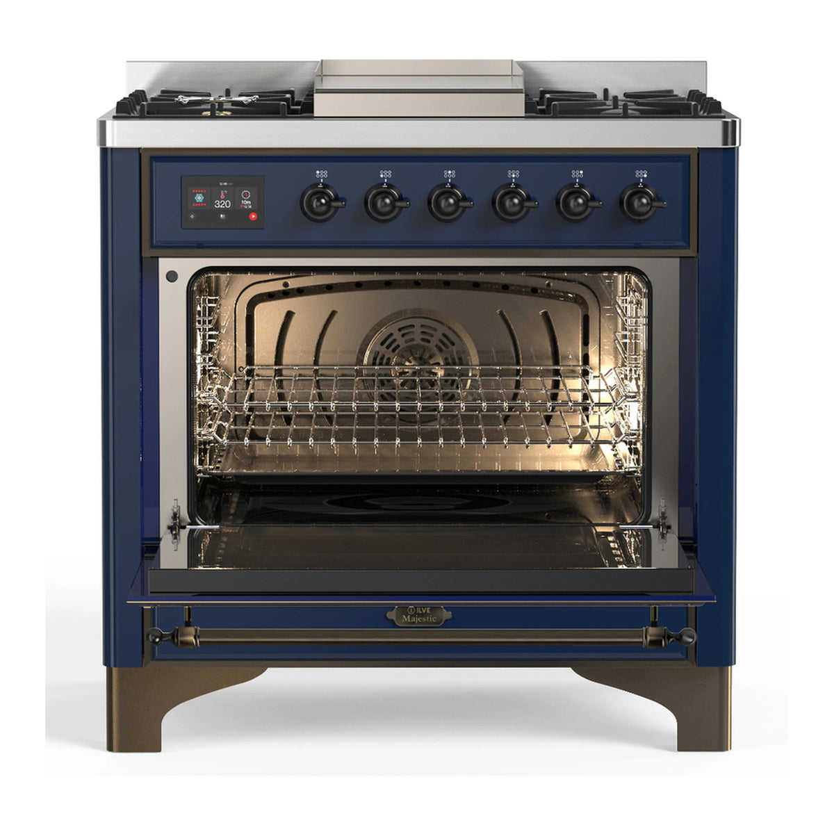 Midnight blue oven door open with wire rack and interior heating elements
