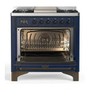 ILVE Majestic III 36-inch Dual Fuel Range with 5 Liquid Propane Burner, Griddle and Solid Door Electric Oven in Midnight Blue with Burnished Trim (UM36FQNR3MBBLP)