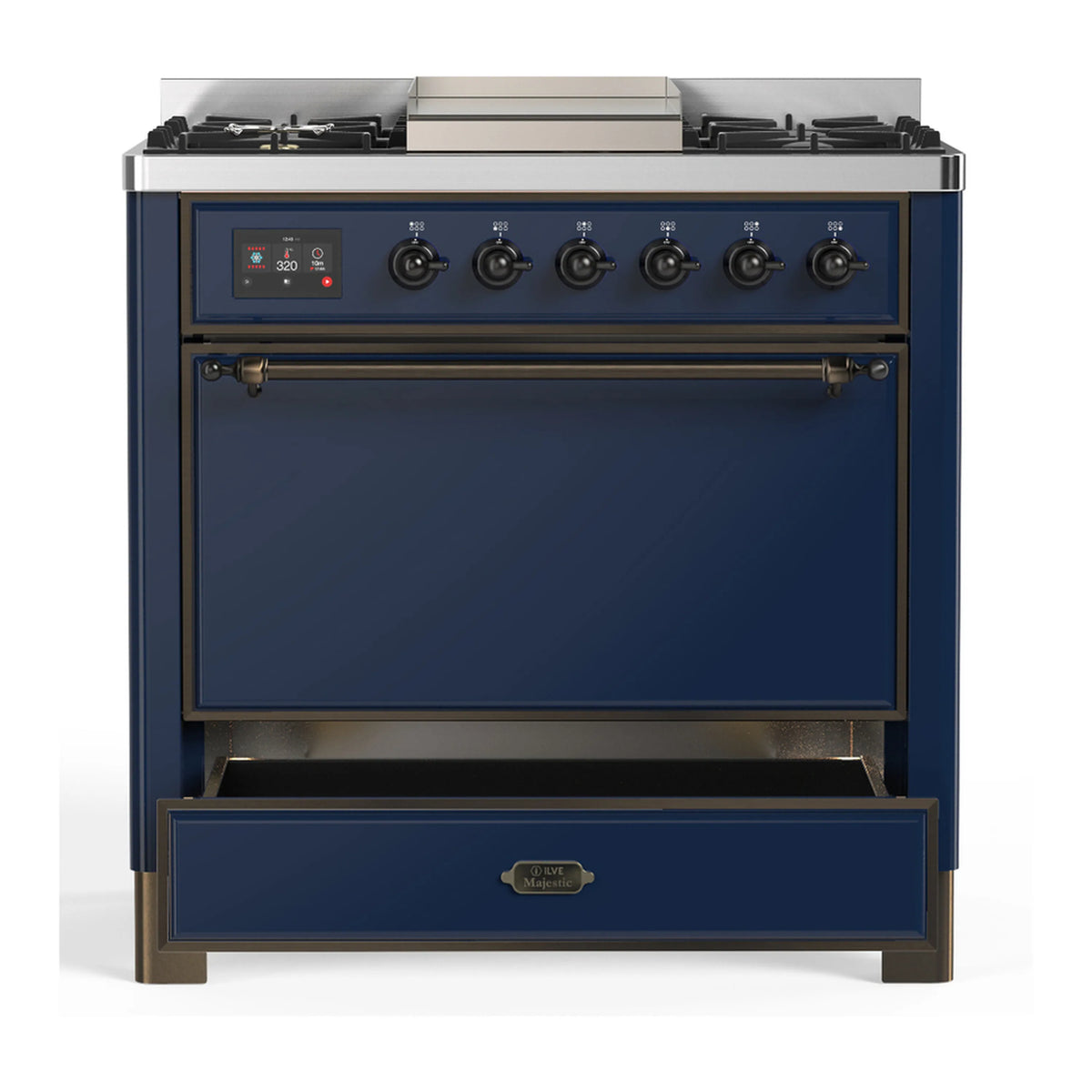 Midnight blue dual fuel range front view with oven door and control panel