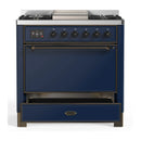 ILVE Majestic III 36-inch Dual Fuel Range with 5 Liquid Propane Burner, Griddle and Solid Door Electric Oven in Midnight Blue with Burnished Trim (UM36FQNR3MBBLP)