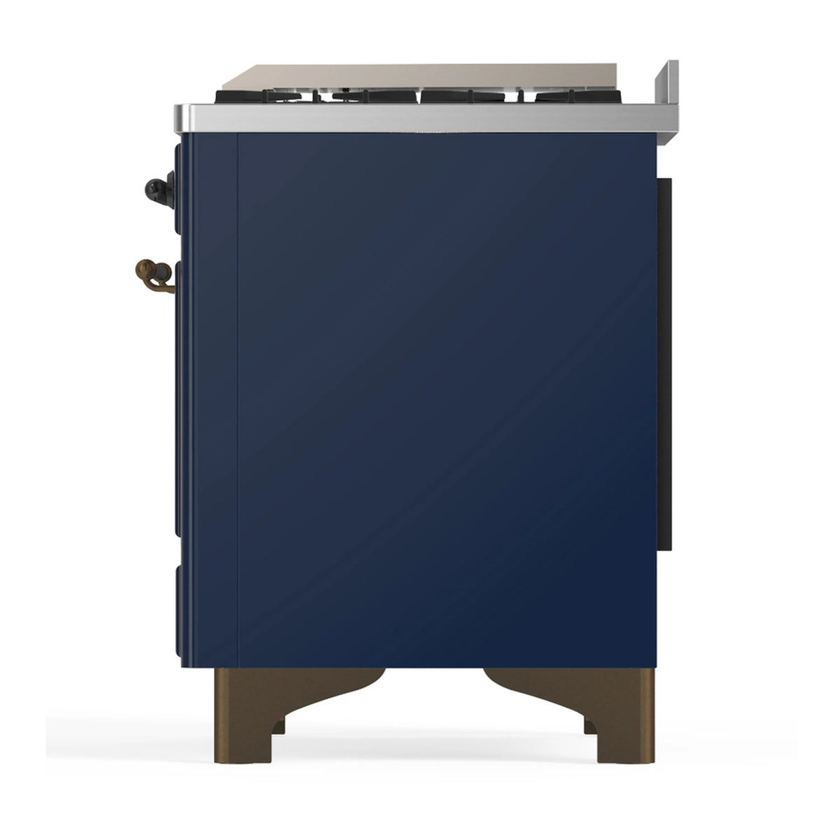 Midnight blue dual fuel range back-left view with side knobs and stainless top