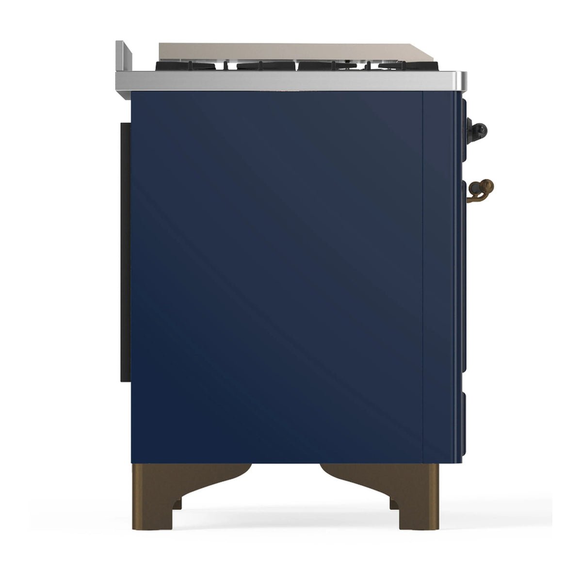 Midnight blue range back side view with side panels and metallic trim