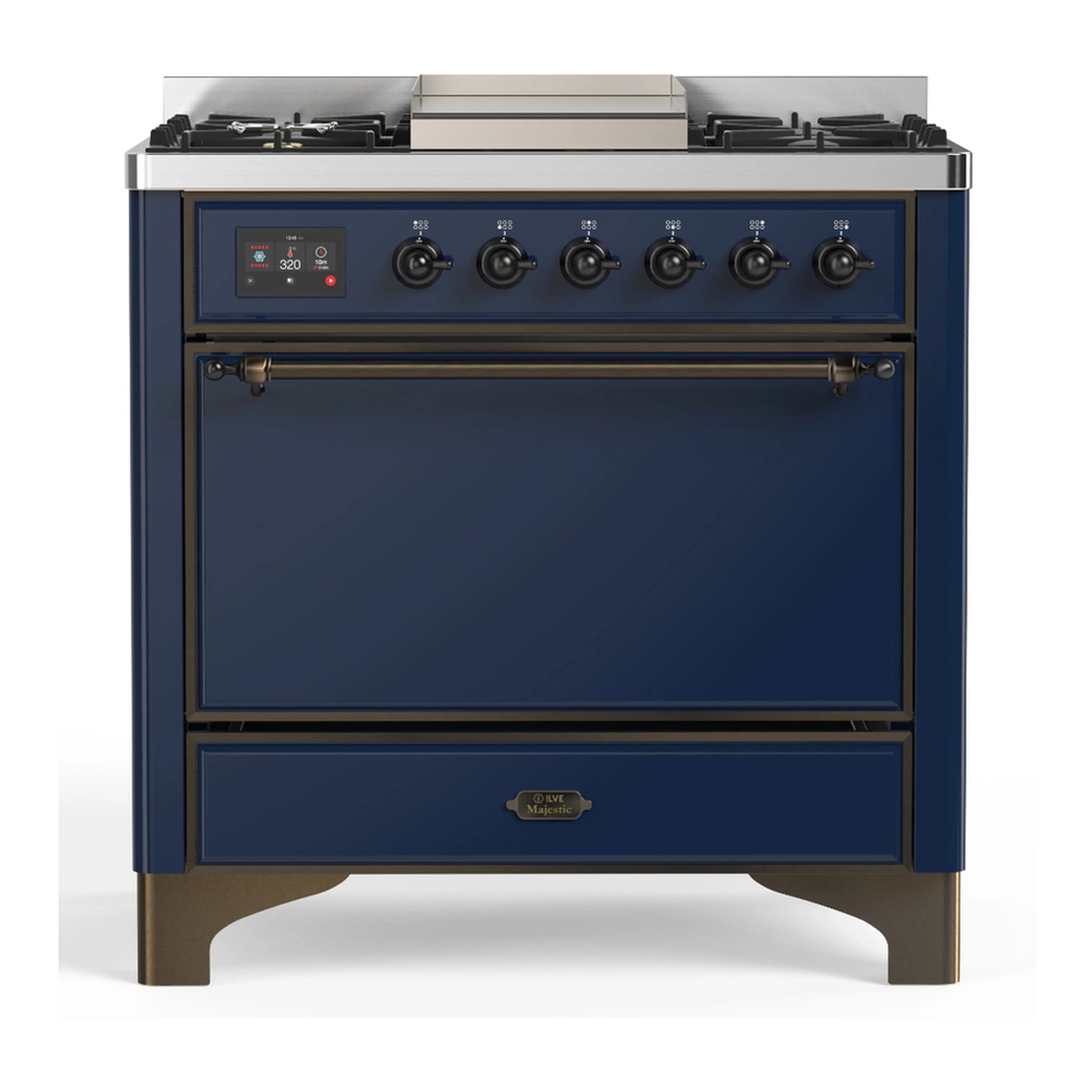 Midnight blue dual fuel range with 5 burners, griddle, and solid door oven