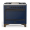 ILVE Majestic III 36-inch Dual Fuel Range with 5 Liquid Propane Burner, Griddle and Solid Door Electric Oven in Midnight Blue with Burnished Trim (UM36FQNR3MBBLP)