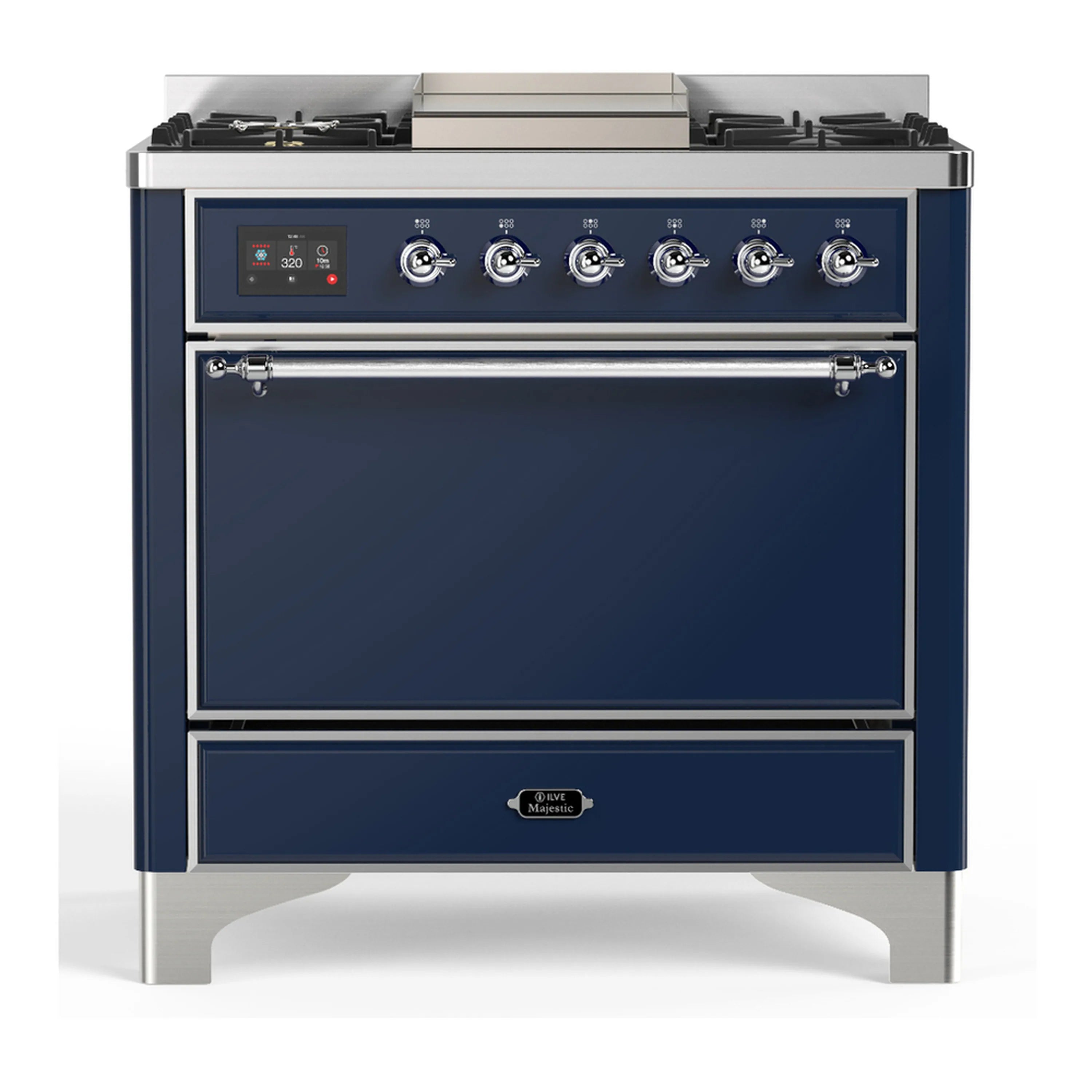 Midnight blue dual fuel range with chrome trim, 6 gas burners, and oven door