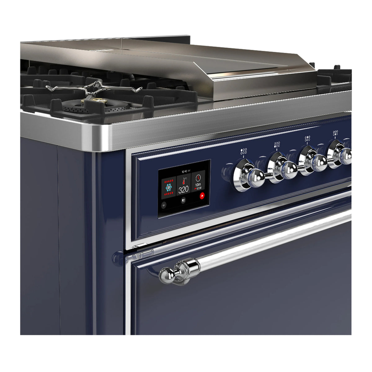 Midnight blue dual fuel range control panel with chrome knobs and gas burner grates