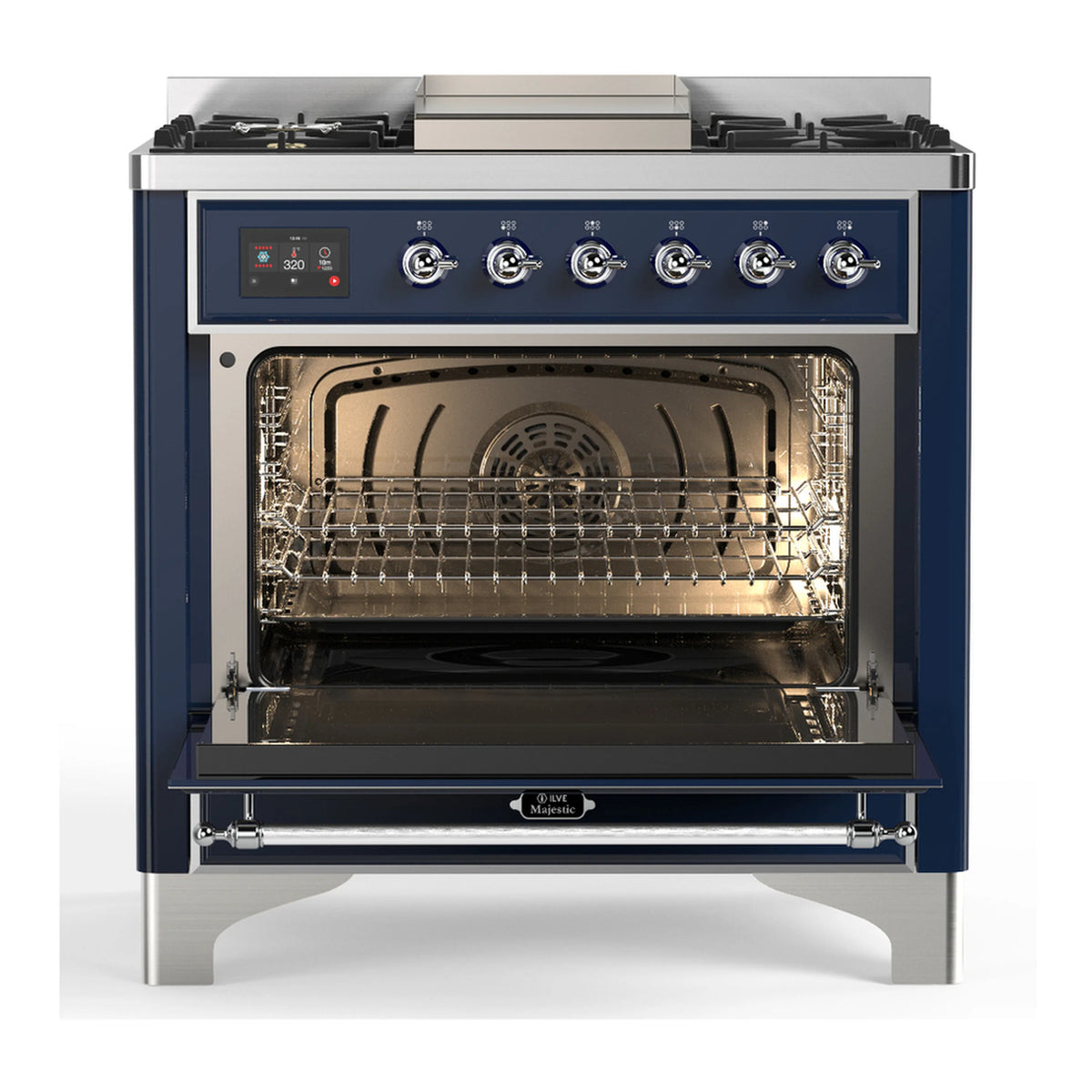 Midnight blue dual fuel oven with open door showing wire rack and interior lighting