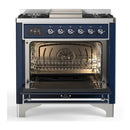 ILVE Majestic III 36-inch Dual Fuel Range with 6 Natural Gas Burner, Griddle and Solid Door Electric Oven in Midnight Blue with Chrome Trim (UM36FQNR3MBC)