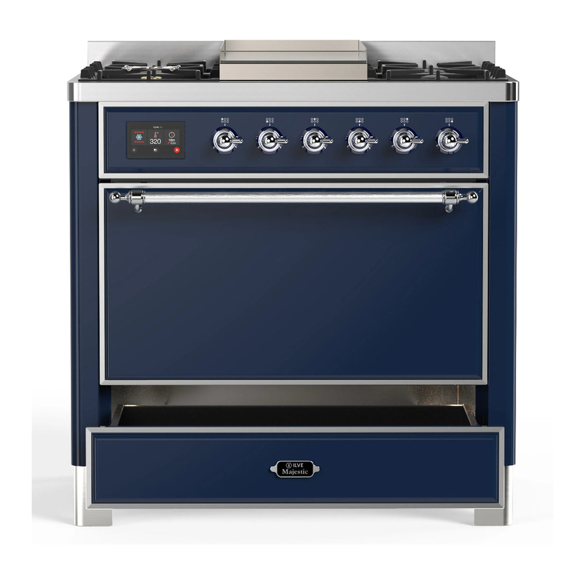 Midnight blue dual fuel range with chrome handle and closed oven door