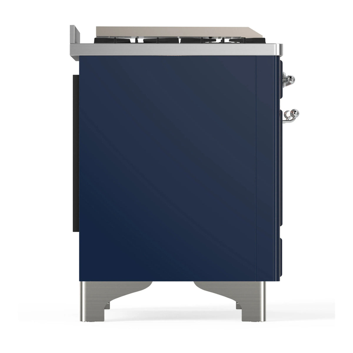 Midnight blue dual fuel range rear-side view with stainless feet and control knobs