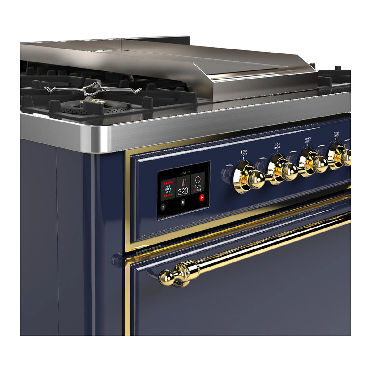 Blue grey dual fuel range control panel with brass knobs and cooktop burners