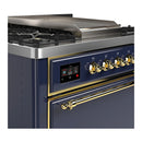 ILVE Majestic III 36-inch Dual Fuel Range with 5 Liquid Propane Burner, Griddle and Solid Door Electric Oven in Blue Grey with Brass Trim (UM36FQNR3MBGLP)