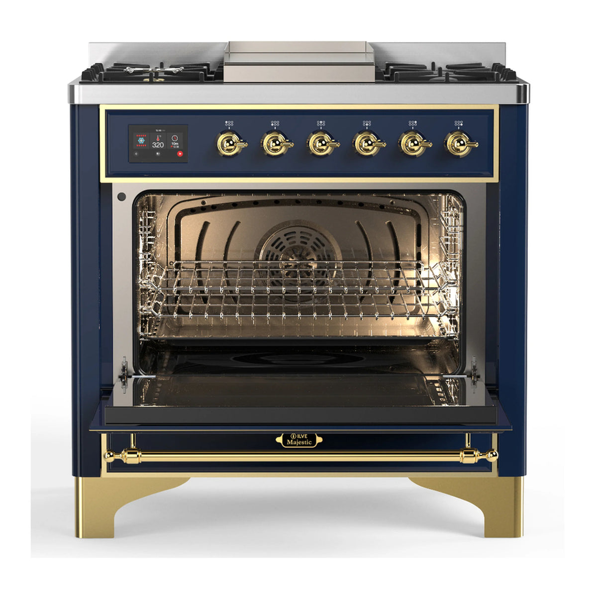 Blue grey dual fuel range with oven door open, visible rack and interior cavity