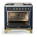 ILVE Majestic III 36-inch Dual Fuel Range with 5 Liquid Propane Burner, Griddle and Solid Door Electric Oven in Blue Grey with Brass Trim (UM36FQNR3MBGLP)