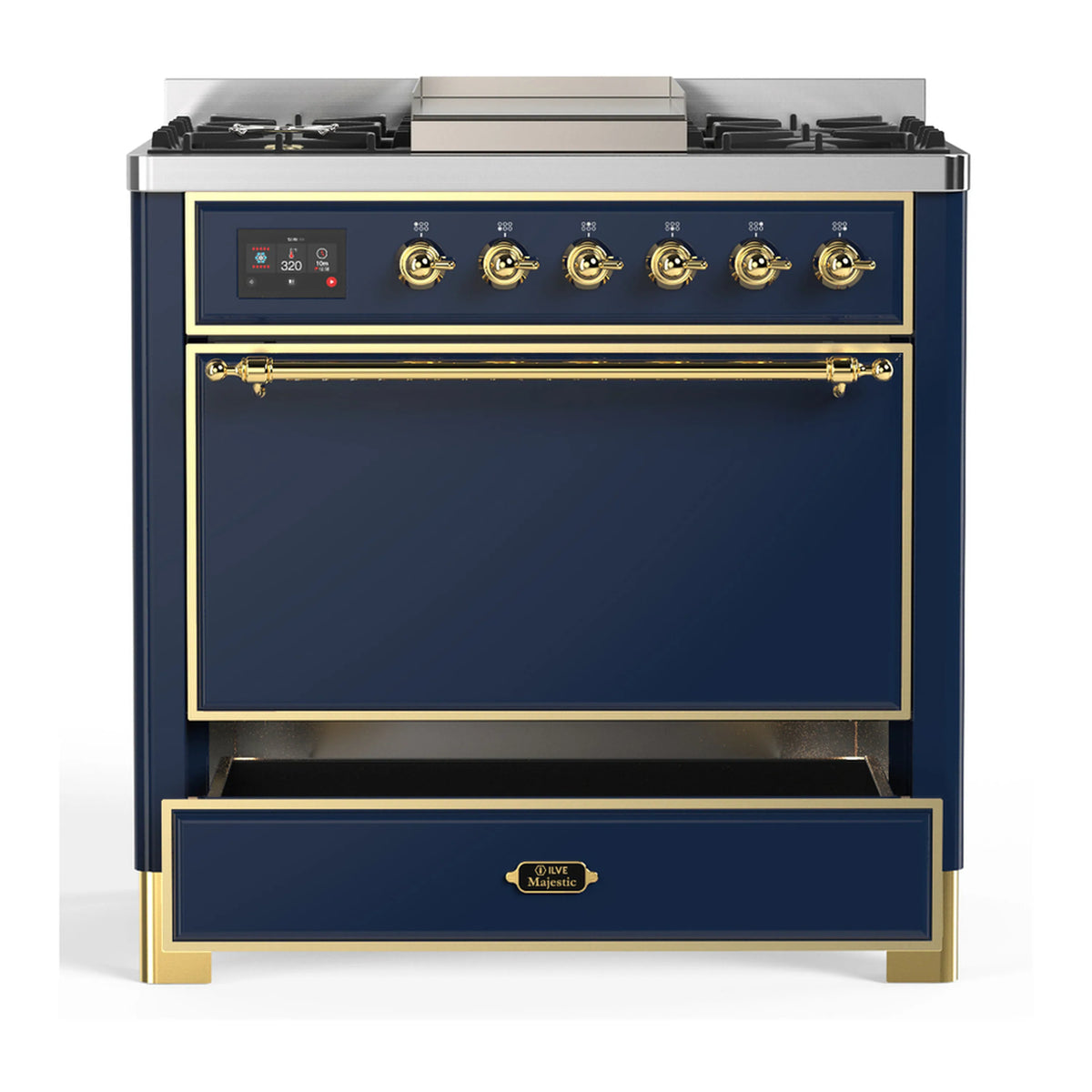 Blue grey dual fuel range with brass trim, closed solid oven door and lower drawer