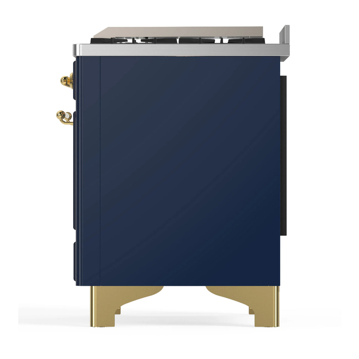 Side view of blue grey dual fuel range with brass feet and stainless cooktop