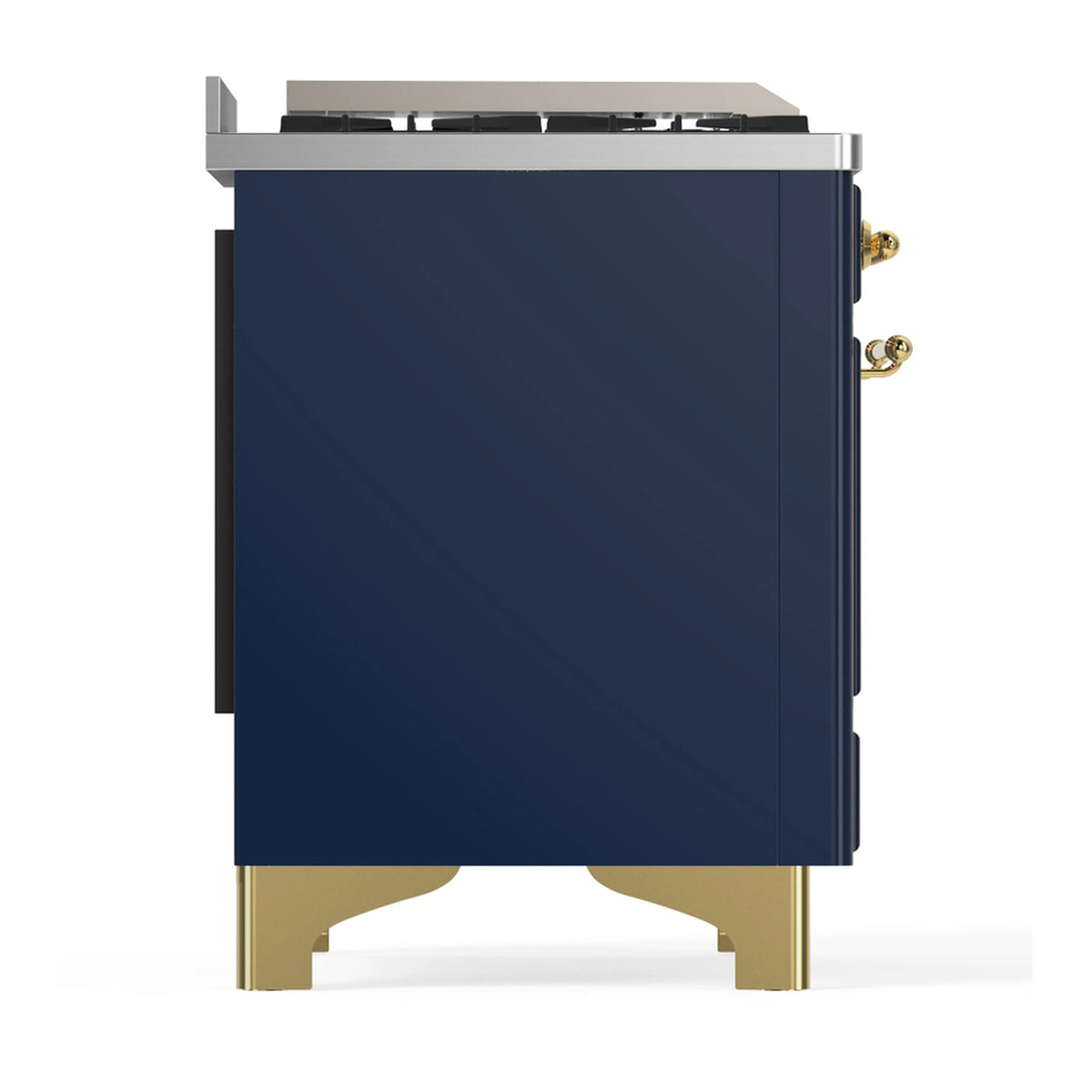 Back/side view of blue grey dual fuel range with brass handle and feet