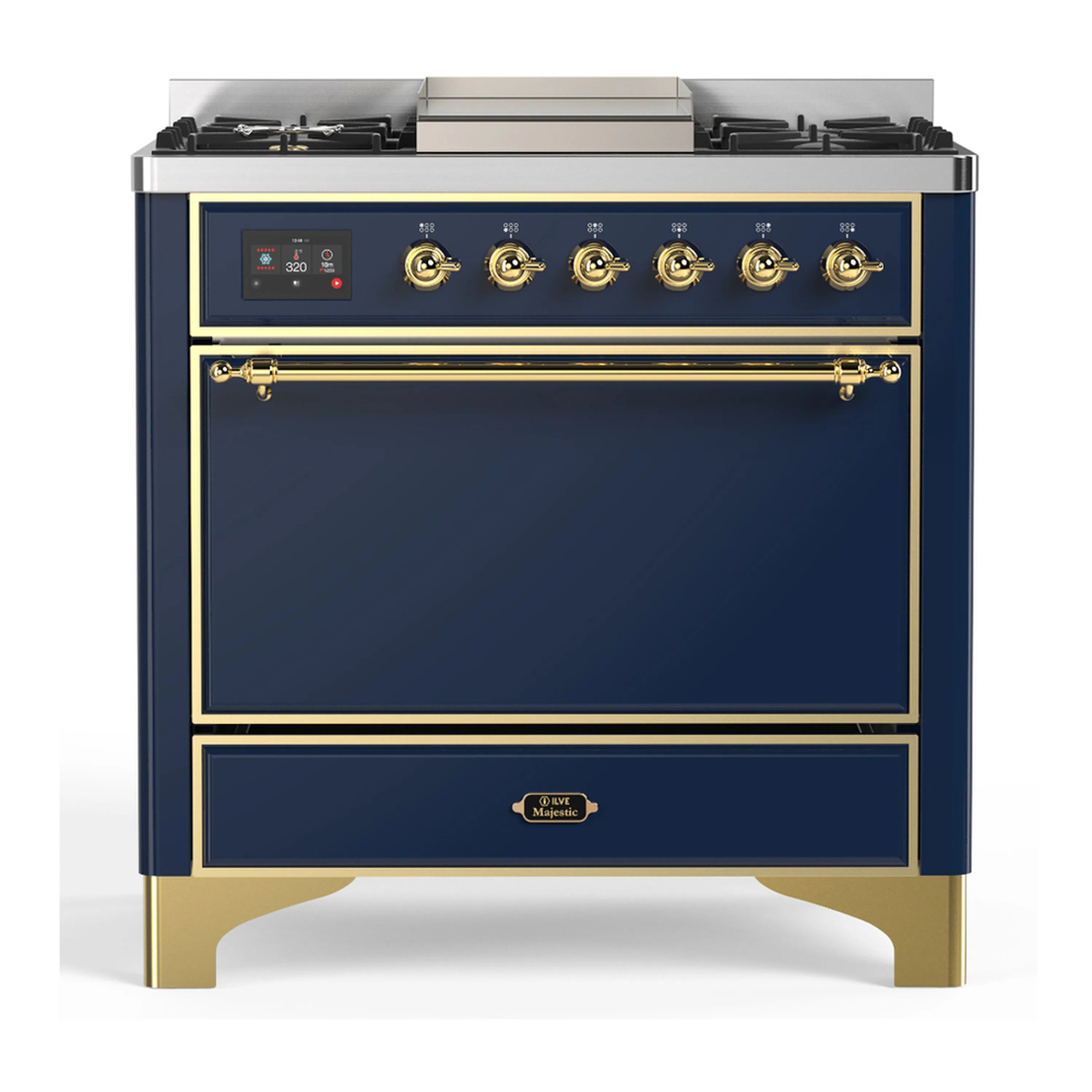 Blue-grey dual fuel range with brass trim, control panel and 5 burners over oven door