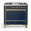 ILVE Majestic III 36-inch Dual Fuel Range with 5 Liquid Propane Burner, Griddle and Solid Door Electric Oven in Blue Grey with Brass Trim (UM36FQNR3MBGLP)