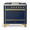 ILVE Majestic III 36-inch Dual Fuel Range with 5 Liquid Propane Burner, Griddle and Solid Door Electric Oven in Blue Grey with Brass Trim (UM36FQNR3MBGLP)