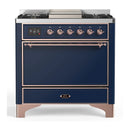 ILVE Majestic III 36-inch Dual Fuel Range with 6 Natural Gas Burner, Griddle and Solid Door Electric Oven in Midnight Blue with Copper Trim (UM36FQNR3MBP)