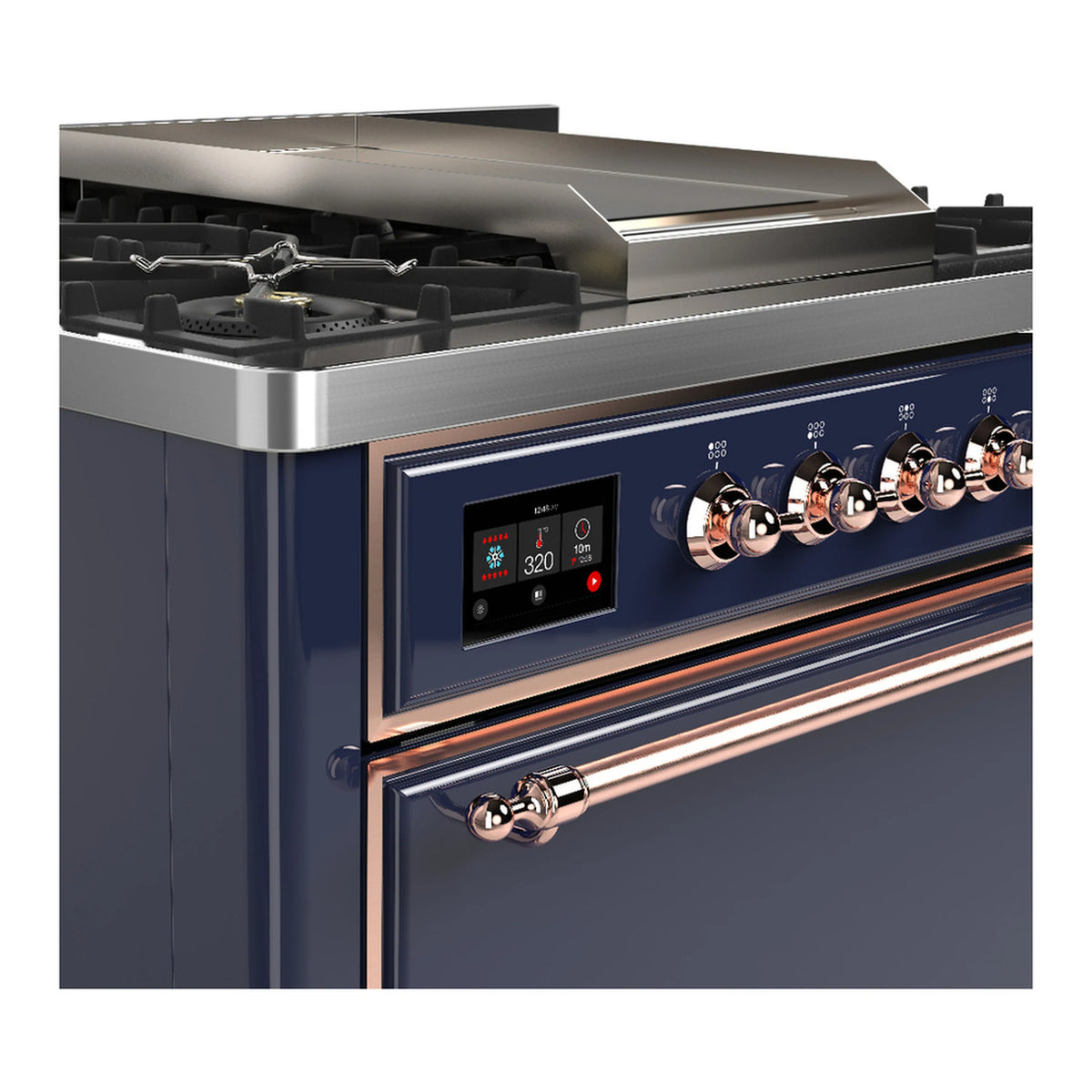 Midnight blue range control panel with copper knobs and digital temperature display